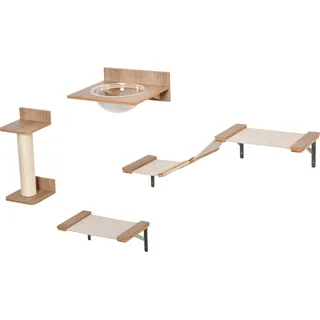 Pawhut Kletterwand Katzen, 4-teilig Katzenkletterwand Set Katzen Wandelemente Mit Kratzbaum Hängematte Sprungplattform Kratzsäule Katzentreppe Katzenwandmöbel Für Klettern Schlafen Bis 5 Kg Hellbraun
