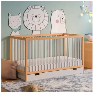 Kids Collective Babybett mit Schublade Kinderbett Gitterbett 60x120 & 70x140 cm höhenverstellbar & herausnehmbare Sprossen | 60x120 cm Buchenholz Natur-weiß sehr stabil Europe