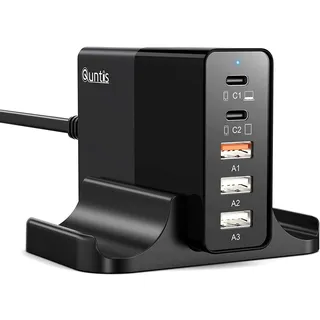 Quntis 5-Port 65W USB C Ladegerät mit Standfuß, 1×65W USB C PD Netzteil für Laptops MacBook, 1×30W Typ C für iPad Pro iPhone, 1x30W Quick Charge USB Ladeadapter, 2x10W USB Stecker für Huawei Galaxy