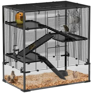 PawHut Hamsterkäfig für Zwerghamster, 4-stufiges Nagerkäfig mit Glasboden, Laufrad, Rampen, Futterschale, Kleintierkäfig Zwerghamsterkäfig 78,5 x 48,5B x 80H cm