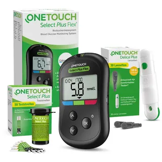 OneTouch Select Plus Flex® Blutzuckermesssystem für Diabetes (Zucker-Krankheit) I 1 Blutzucker-Messgerät (mmol/L) + 40 Teststreifen + 1 Stechhilfe + 40 Lanzetten im Etui (inkl. Batterie)