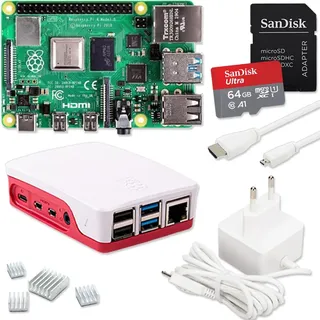 Raspberry Pi 4 4GB Starter-Set | Ultra 64GB SD Karte | USB-C Netzteil 15W | Gehäuse | 4K Micro HDMI Kabel | Kühlkörper Set | Ideal für Smart Home, Retro Gaming & Home Assistant