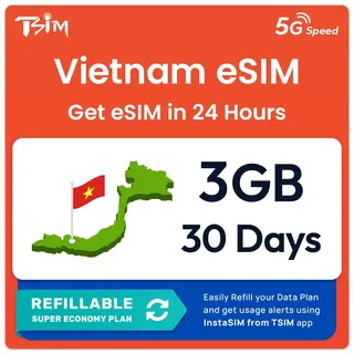 Vietnam eSIM | 3GB | 30 Tage | Nachfüllbarer Tarif | 5G Geschwindigkeit | Hotspot | Nur-Daten. QR-Code Wird innerhalb von 24 Stunden gesendet, scannen zur Aktivierung, Keine Telefonnummer enthalten.