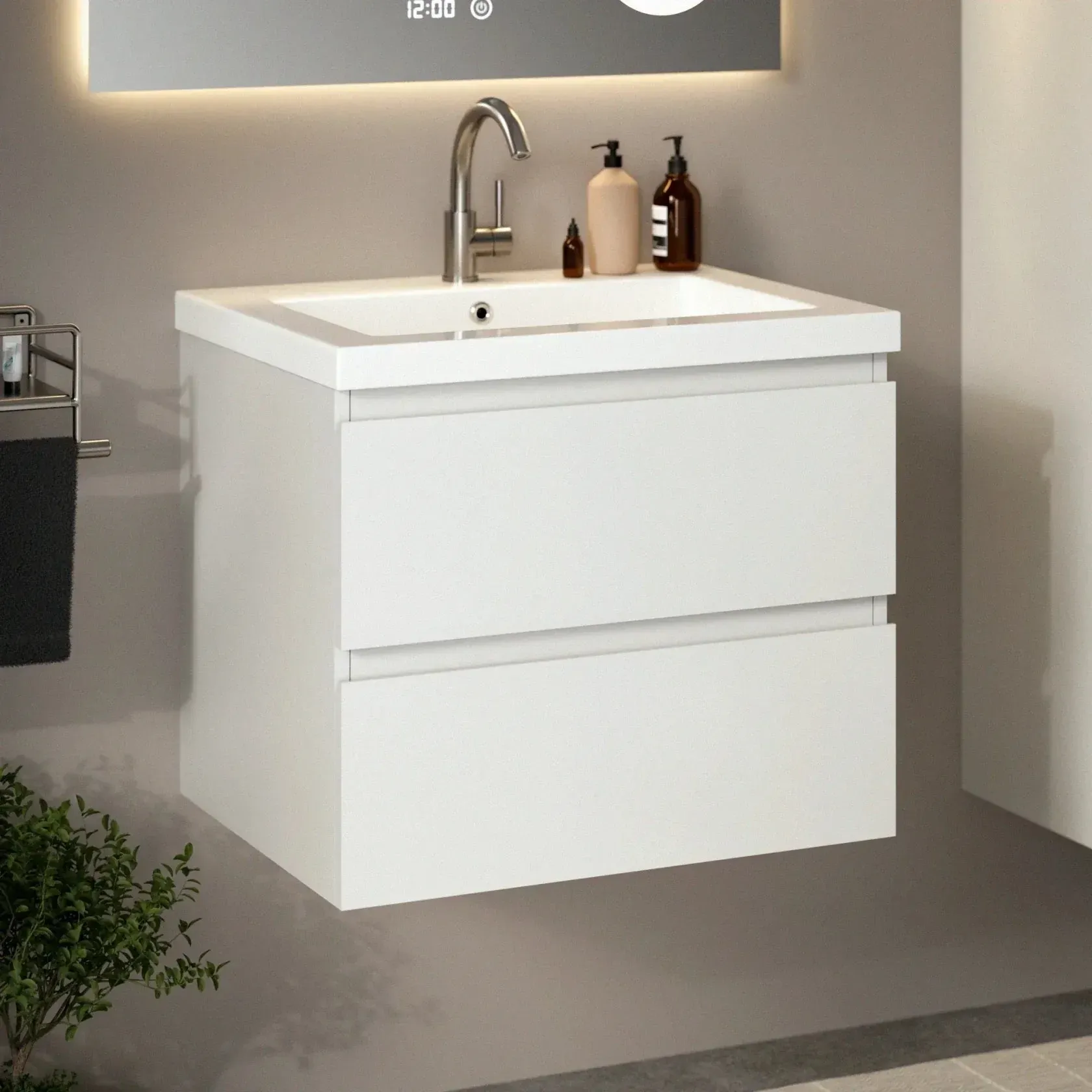 Badezimmermöbel Karo – 60 cm – Weiß – Weißes Waschbecken - Vorbestellen