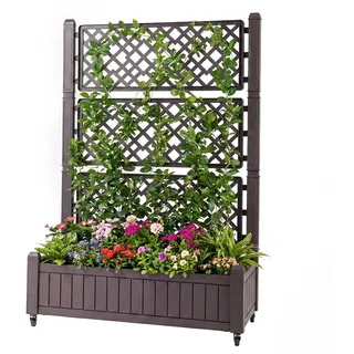 GOPLUS Blumenkasten mit Rollen, Pflanzkasten mit Rankgitter, Hochbeet mit Wasserstandsanzeiger & Abflusslöcher, mobiler Pflanzkübel mit Sichtschutz, Blumenbeet Gartenbeet für Garten, Terrasse & Balkon