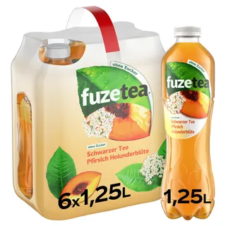 Fuze Tea Schwarzer Tee Pfirsich Holunderblüte - erfrischende Fusion aus Tee, Saft und Kräutern aus Pfirsich und Holunderblüte - ohne Zucker und ohne Kalorien - Einweg Flaschen (6 x 1250 ml)