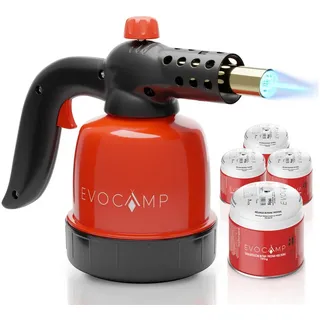 evocamp Gasbrenner 1,3 kW, Küchenbrenner, Lötlampe mit Piezozündung, + 4 Gaskartuschen 190g