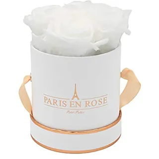 Rosenbox Ø 10 cm Weiß-Roségold mit 4 Weißen Rosen