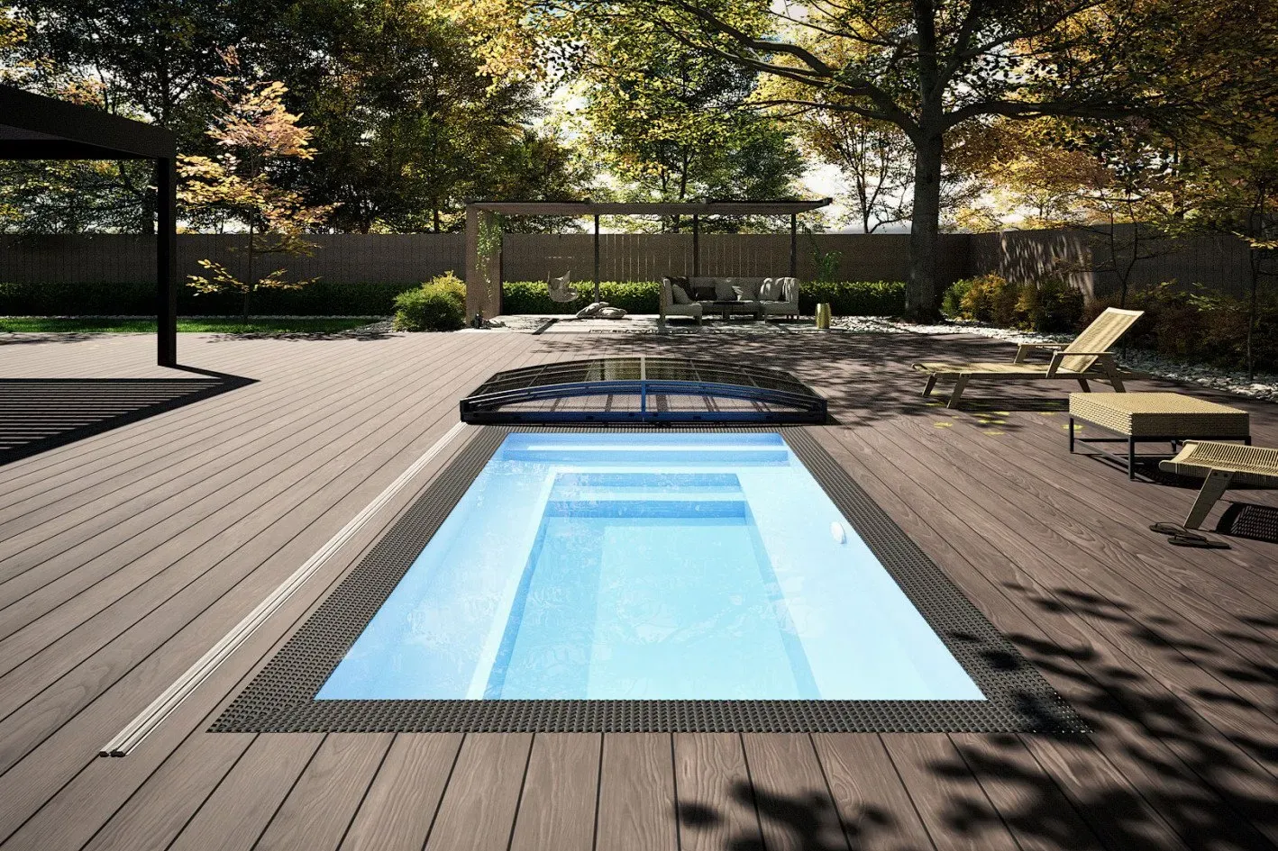 Kleiner Pool Infinity® Bay 2,25 x 3,75m - rechteckiger Überlauf Loungepool mit optionaler Poolüberdachung / elektrischem Rollo