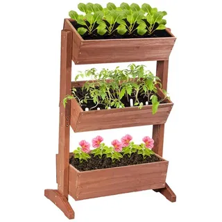 Goplus 3 Etagen Hochbeet, Blumenbeet aus Tannenholz, Blumentreppe mit Ablauflöchern, Pflanzbeet für Garten Balkon Terrasse, & Goplus