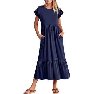 Dyhxuan Maxikleid Damen Sommer Einfarbige Strandkleid Kurzarm Rundhals Sommerkleid Patchwork Tshirt Kleid A-Linie Kleider mit Doppelte Taschen Knöchellang Freizeitkleid Locker Falten Urlaubskleid - L