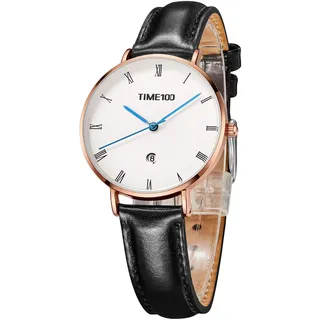 TIME100 Uhr Damen Elegant Edelstahl Roségold Gehäuse Minimalistisch Zifferblatt Kalender Kristallblau Römisch Ziffer Leicht Wasserdicht (Schwarz)
