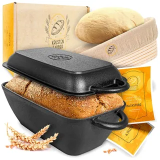 krustenzauber Gusseisen Bräter mit Deckel backofengeeignet inkl. Gärkorb - eckiger Topf Brot Backen - Ideal als Ofenform, Induktion, Brotbacktopf, Zubehör