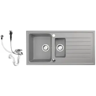faizee home Granitspüle Spülbecken Küchenspüle Einbauspüle 100x50 cm 2 Becken mit Abtropffläche + Zubehör Grau - Grau