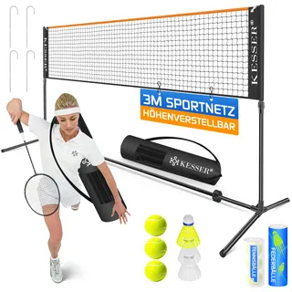 Kesser KESSER® Badmintonnetz, Tennisnetz 300cm 400cm 500 cm Federballnetz 3-Fach-Höhenverstellbar, Set bestehend aus Netz, 3x Feder- & Tennisball, stabilem Eisen-Gestell, Transporttasche, Indoor & Outdoor
