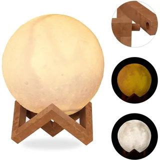 Relaxdays Mondlampe 3D, 2 Farben, dimmbar, Touch Sensor, kabellos, mit Ständer, für Kinder, Mondleuchte LED, 15 cm, weiß