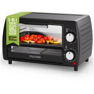 STILLSTERN Minibackofen (10L) Deutsche Version mit Airfryer-Einsatz, Backblech, Ofenhandschuhe, Rezeptheft, 120 Min. Timer, 800W, Toaster Grill Pizzaofen Mini Backofen ideal für Camping