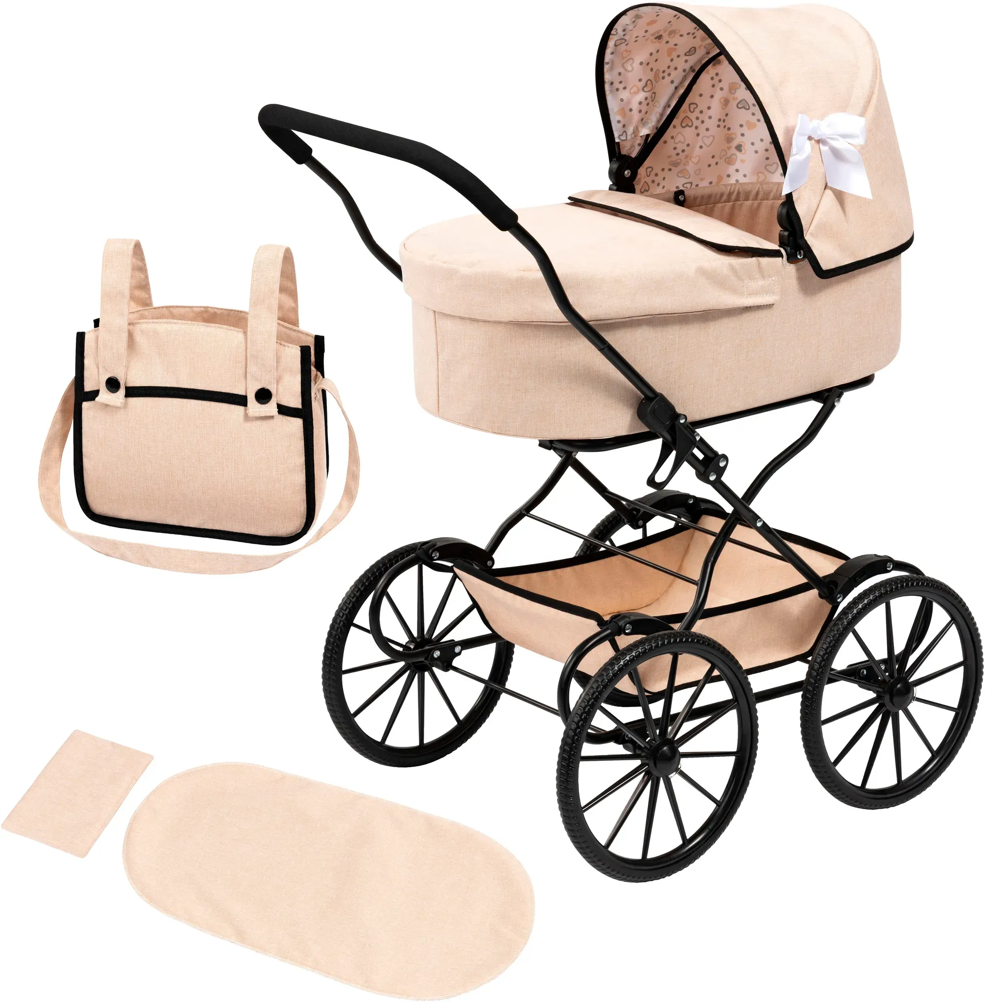 Puppenwagen BAYER "nostalgisch, mit Schleife", beige (schleife beige), Puppenwagen, KinderB:44,5cm H:80cm T:67cm, Kunststoff, Metall, Polyester, inklusive Umhängetasche, B:44,5cm H:80cm T:67cm