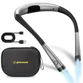 Glocusent Leselampe Hals Leselampe Bett mit 3 Farben & 6 Helligkeitsstufen, Buchlampe Wiederaufladbar 80 Stunden Dauer, Biegbare Arme, Leselicht Halslampe für Lesen Stricken Häkeln Nähen Reparieren