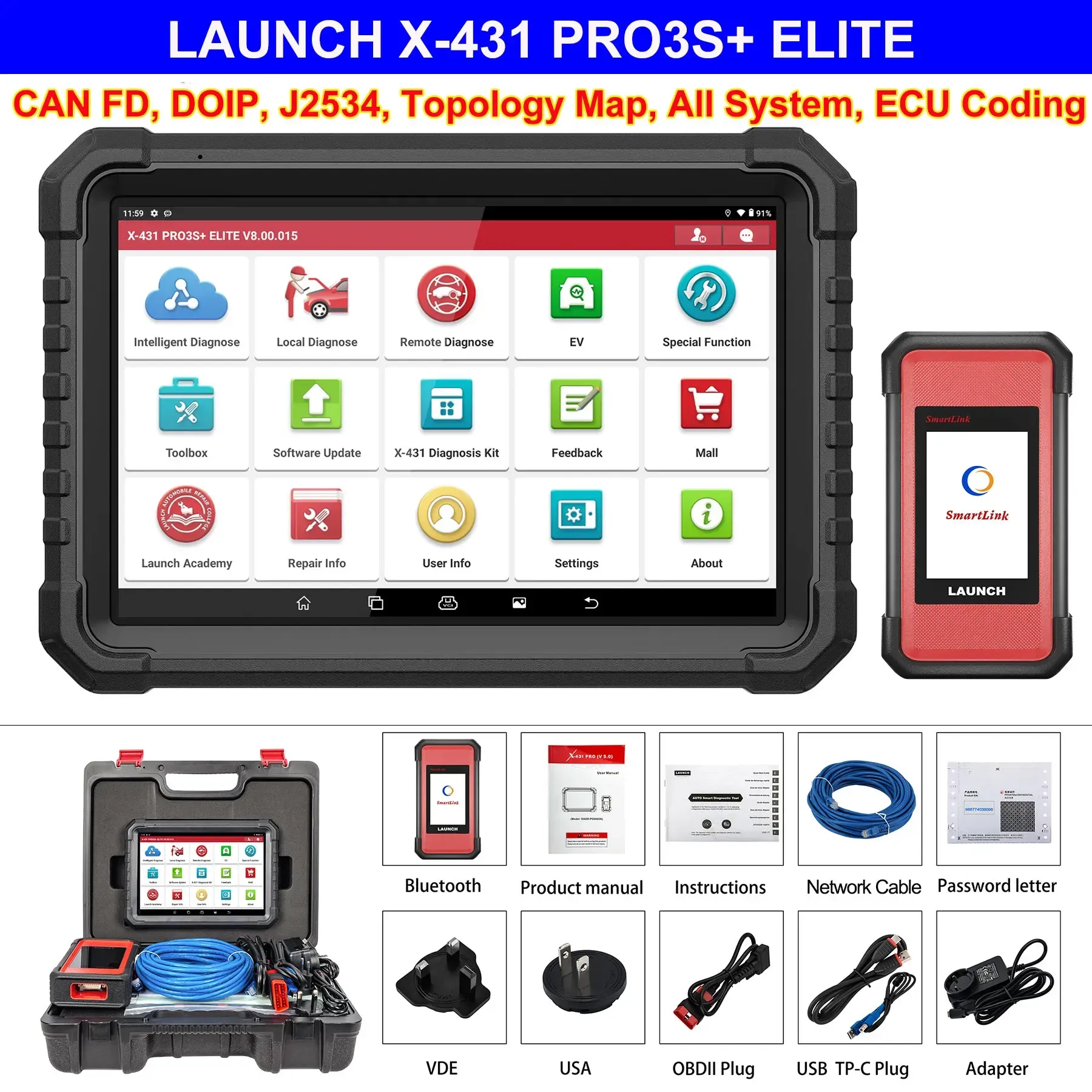 LAUNCH X431 PRO3S+ ELITE Erweitertes Programmierwerkzeug J2534 CAN FD DOIP Online-Codierung Alle System-Autodiagnosetools Topologie-Karte