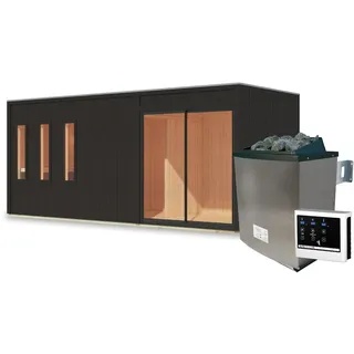 Karibu Design Saunahaus Monterey Blackline - 73 mm schwarz Ohne Terrasse 9 kW Ofen inkl. Steuergerät inkl. gratis Saunaofen im Wert von 599,99 € - 50% Rabatt auf Dacheindeckung