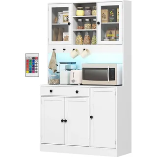 HOMCOM Küchenschrank mit LED und Mehrfachsteckdose, Küchenbuffet-Aufbewahrungsschrank mit Türen und Schublade, Glastüren, inkl. Fernbedienung, für Esszimmer, Wohnzimmer, 103x40x180cm, Weiß   Aosom