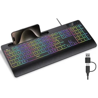 seenda KOE200 Kabelgebundene Tastatur mit USB-A- & USB-C-Kabel beleuchtet, ergonomische Tastatur mit Handyhalter mit Handyhalter, leise Tasten, Fur Windows/Tablet/Mac– QWERTZ Layout