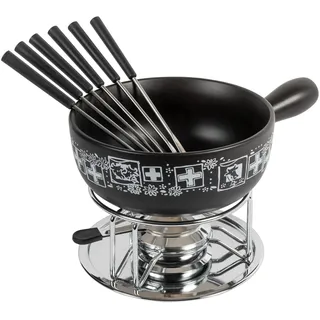 KUHN RIKON Käsefondue Set Suisse schwarz Ø 23 cm, 2.6 Liter, ideal für 4-6 Personen für Freunde und Familie, Set enthält 6 Gabeln, ein Rechaud und ein Pastenbrenner