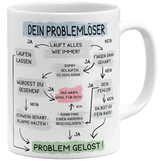 OM3® lustige Kaffee-Tasse mit Spruch - Problemlösung auf der Arbeit - Problemlöser - Keramik Becher - 11oz 325ml - Beidseitig Bedruckt - Weiss
