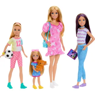 Barbie Schwesterpuppen-Set mit Kleidung und Zubehör, enthält Barbie, Skipper, Stacie und Chelsea
