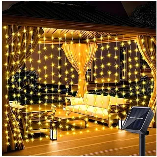 hs.supply LED-Lichtervorhang Solar Lichterkette mit USB & Fernbedienung – 8 Modi, Solarbetriebener Lichtervorhang, Outdoor & Indoor
