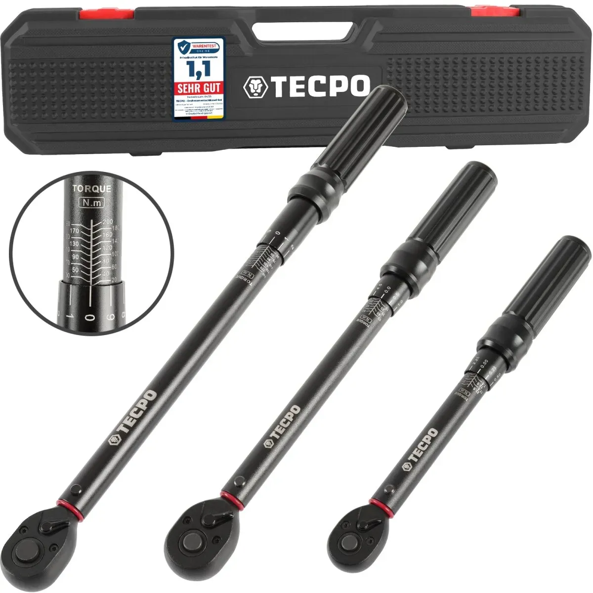 TECPO Drehmomentschlüssel Set 3-teilig 1/4 Zoll 3/8 Zoll 1/2 Zoll...
