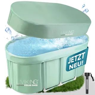 LIVIKING® Eisbad + Faltbare Badewanne Erwachsene [120 cm - 2in1 KOMFORT KOMPLETTSET] Eisbaden Tonne, Mobile Badewanne Outdoor & Eistonne – Jetzt Eintauchen! (Klassisch, Eukalyptus Grün)