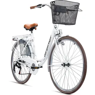 Bergsteiger Paris 28 Zoll Damenfahrrad, ab 160 cm, Korb, Fahrrad-Licht, Shimano 6 Gang-Schaltung, Damen-Citybike, Damenrad im Retro-Design - Weiß