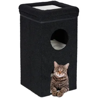 Relaxdays Katzenhöhle, HxBxT: 76 x 40 x 40 cm, faltbares Katzenhaus mit 3 Ebenen, Katzenversteck mit Kratzbrett, schwarz