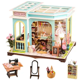 TOPBSFARNY Puppenhaus Zubehör aus Holz, DIY Miniaturhaus Kit für Erwachsene, Kreative Schneiderei Tiny House Kit mit Möbeln und LED-Lichtern für Frauen Geburtstagsgeschenk