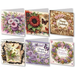 CXINLky 5D DIY Diamond Art Painting Karten, 6 Stuck 2025 Diamont Painting Karten, Diamont Painting Karten Geburtstag, Geschenkkarte Feiertags für Familie, Liebhaber,Freunde-03-Blume