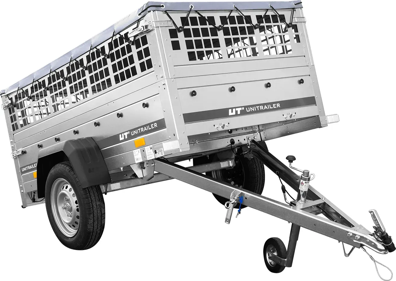 Einachsanhänger 200x106 UNITRAILER GARDEN 200 KIPP mit Seitenwänden aus Netzgewebe und grauer Plane
