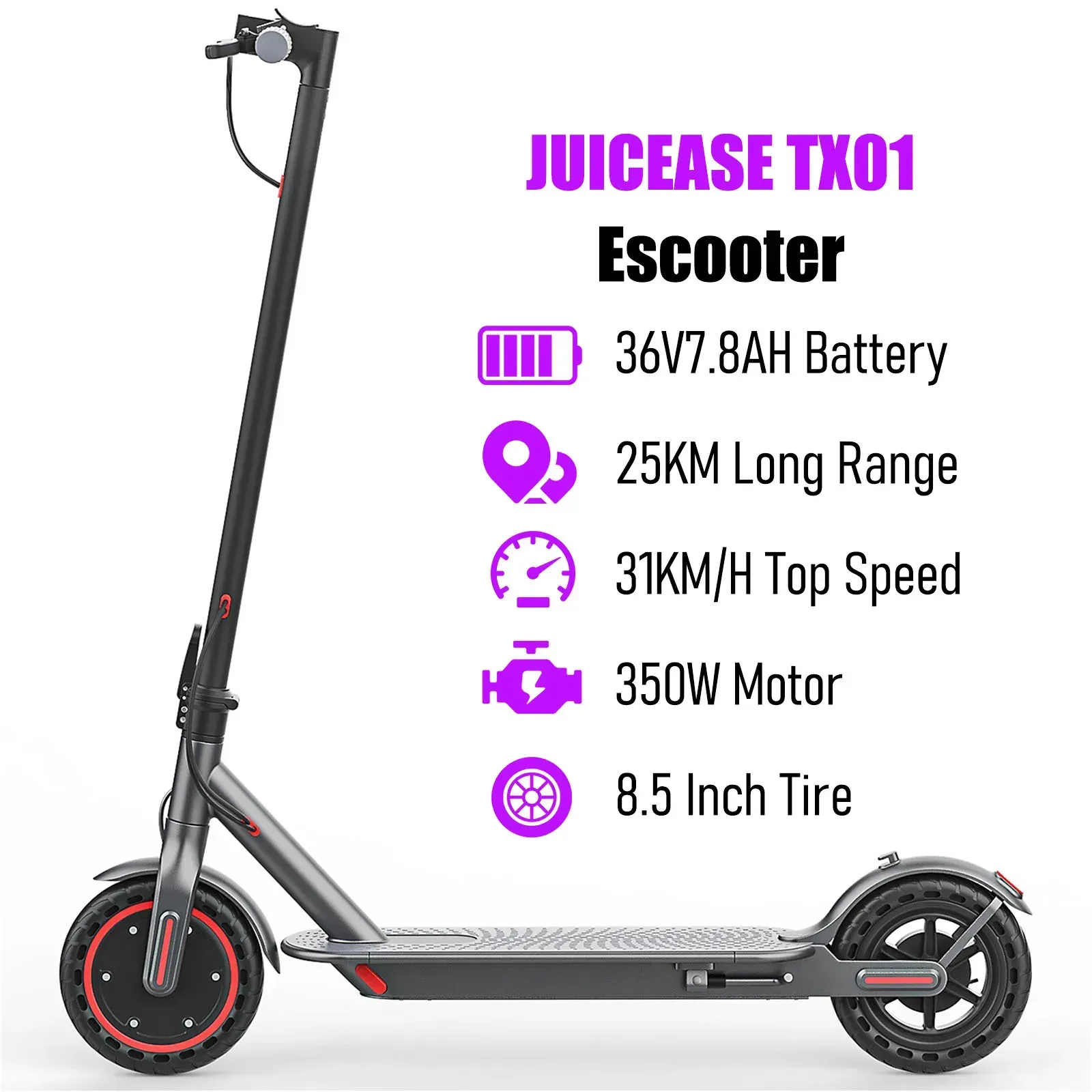 JUICEASE TX01 Elektroroller für Erwachsene, 7,8 Ah, 350 W, leistungsstarker Motor, bis zu 31 km/h Geschwindigkeit, intelligenter APP-Elektroroller mit 5,2-Chips