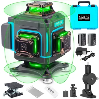 KEZERS Kreuzlinienlaser Grün 4x360°, Selbstnivellierend Laser Wasserwaage 16 Linien, Kreuzlaser mit Bildschirm, Fernbedienung, Wandhalterung, Hebesockel, IP54 für Innen- und Außenbereich Baustelle