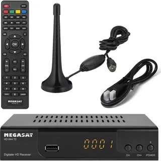 Megasat T644 DVB-T2 Receiver + aktive Zimmerantenne + HDMI Kabel, HDTV für frei Empfangbare DVB-T2 Sender , schwarz