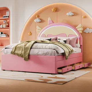 Moimhear 140 * 200cm Cartoon Kinderbett, Einhornform, ausgestattet mit ausziehbares rollbett, PU-Material, (Rosa, 140 * 200cm)