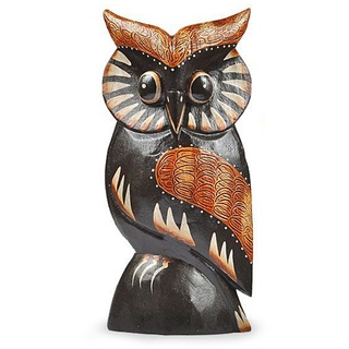 TEMPELWELT Deko Figur Eule Wula schwarz braun aus Albesia Holz, Höhe 20 cm groß, Holzfigur Uhu Kunsthandwerk aus Bali handgefertigt