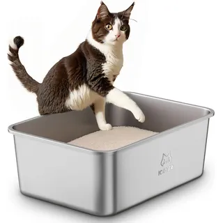 Edelstahl Katzenklo, Große Katzentoilette, XXL Katzentoilette Edelstahl Offen, Metall Katzenklo für Katzen Aller Größen & Kaninchen, Antihaftbeschichtet, Geruchsfrei, Leicht zu Reinigen, 50x35x20cm