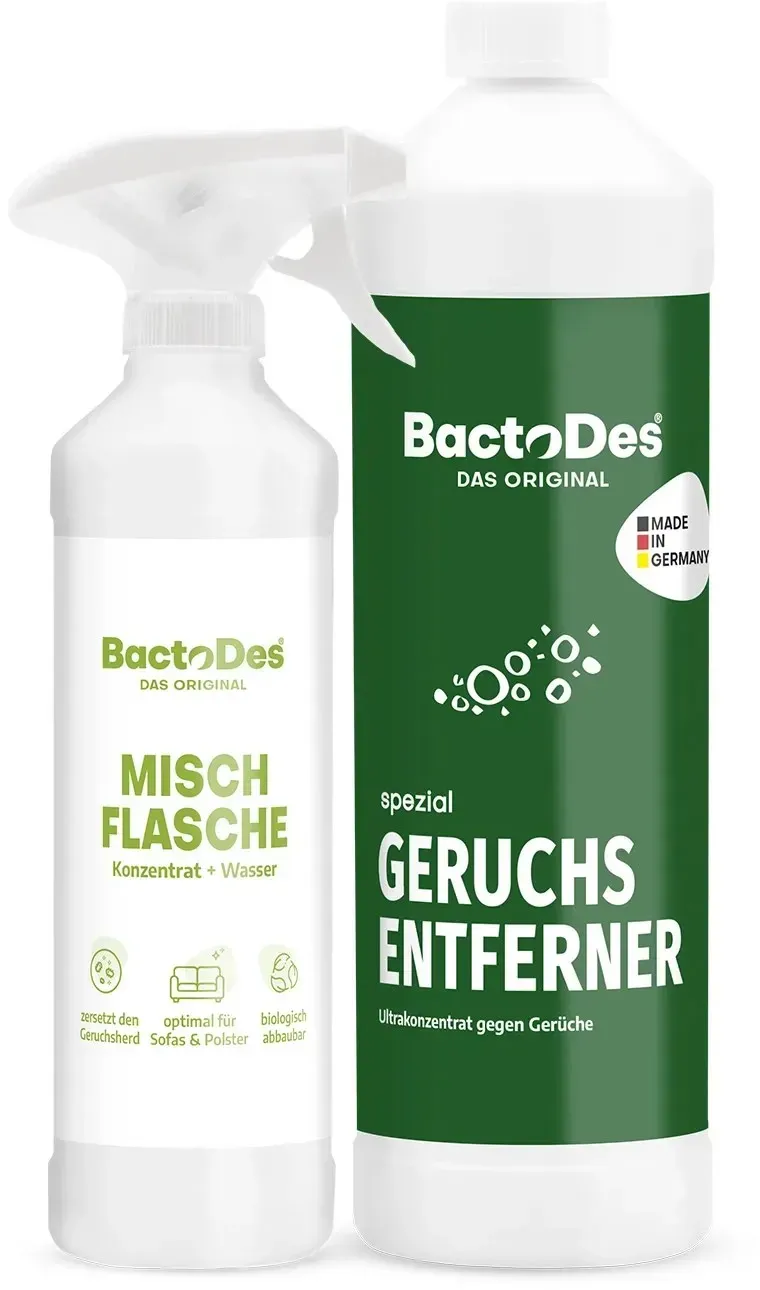 BactoDes Spezial Geruchsentferner Gegen Schwer Zugänglichen Verschmutzungen Konzentrat in 1L Flasche mit Misch- und Sprühflasche