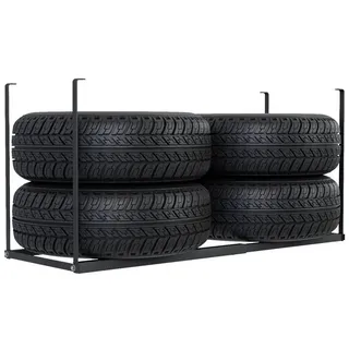 QLS Reifen-Wandhalterung Reifenregal Deckenmontage bis 130 kg, (bis 27 Zoll, für 4 Autoreifen Verstellbar) schwarz
