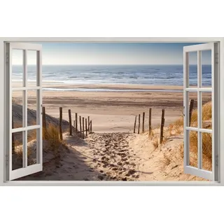 HUBDECO - Wandtattoo - Wanddeko - Selbstklebende Folie - Wandsticker - Fototapete 3d Effekt - Selbstklebende Tapete - Fenster & Meer Motiv - Meer Strand Blick - 120x80cm