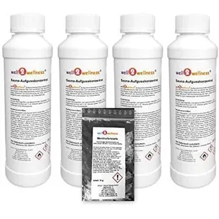 well2wellness® Saunaaufguss Set 4 x 250 ml mit Ingwer-Citro, Limette-Bambus, Mango-Maracuja, Grapefruit-Cassis gratis 10g Mentholkristalle