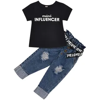Verve Jelly Baby Girls Ripped Jeans Outfit Kurzarm Bluse Pullover Tops Jeanshose 2Pcs Spring Summer Kleidungsset, Schwarz, 100, 2-3 Jahre - 2-3 Jahre