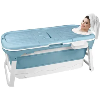 UISEBRT Faltbare Badewanne Erwachsene XL, Foldable Bathtub 128 x 62 x 53 cm, Tragbare Klappbadewanne mit abnehmbare Abdeckung, Seifenkorb, Massagerollen, Idea für kleines Badezimmer, Blau